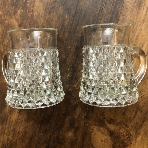S/2 Heavy Diamond Point Cut Glass Mugs Steins for coffee, beer, hot toddy, latte - Picture 4 of 11